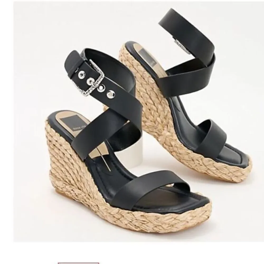 NIB Dolce Vita Women’s Aldona Black Leather Espadrille Wedge Buckle Strap - 7.5